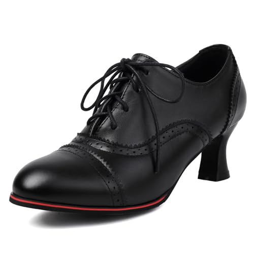 MJIASIAWA Kitten Heel Oxford Damen Schnüren Klassischer Brogue Closed Toe Buro Arbeit Formal Derby Low Mitte Absatz Pumps Prom Schwarz Gr 38 EU/39 Asiatisch von MJIASIAWA