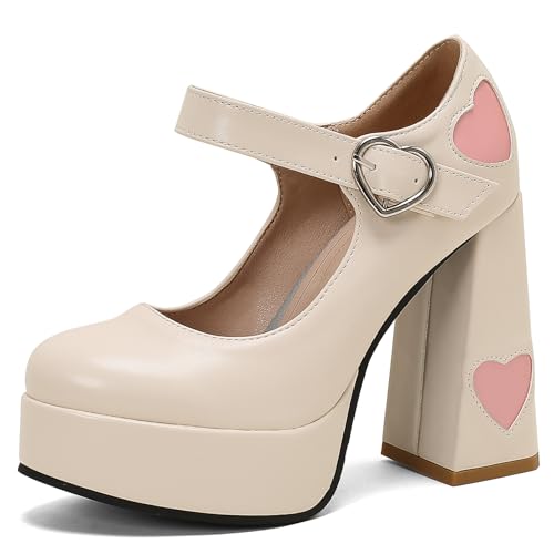 MJIASIAWA Lack Mary Jane Bowtie Damen Chunky Heel Pumps Mode Runde Zehen Knöchelriemchen Lovely Höhe Ferse Plateau Schuhe Aprikose Gr 41 EU/43 Asiatisch von MJIASIAWA