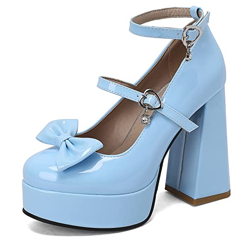 MJIASIAWA Lack Mary Jane Bowtie Damen Chunky Heel Pumps Mode Runde Zehen Knöchelriemchen Lovely Höhe Ferse Plateau Schuhe Blau Gr 41 EU/43 Asiatisch von MJIASIAWA