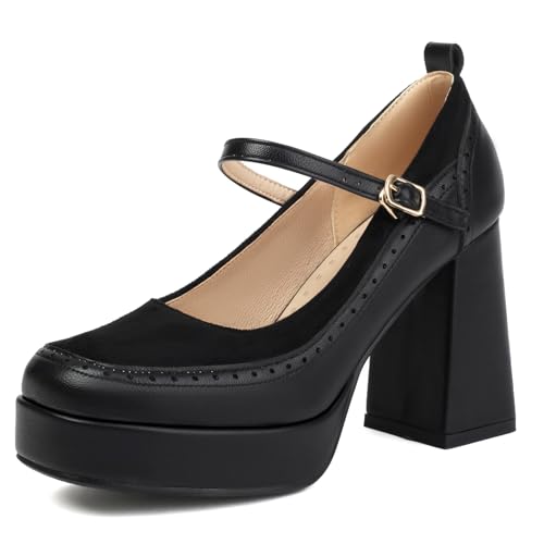 MJIASIAWA Mary Jane Chunky Heel Damen Square Toe Brogue Weit Fit Knöchelriemchen Mode Plateau Pumps Closed Toe Schwarz Gr 39 EU/40 Asiatisch von MJIASIAWA