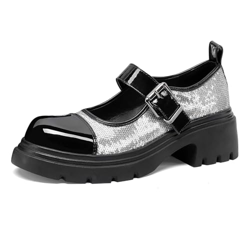 MJIASIAWA Mode Mary Jane Plateau Damen Runde Zehen Schuhe Sequins Chunky Blockabsatz Knöchelriemchen Leisure Pumps Klassischer Silber Gr 40 EU/41 Asiatisch von MJIASIAWA