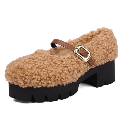 MJIASIAWA Plateau Mary Jane Damen Blockabsatz Fleece Fell Pumps Runde Zehen Winter Warm Chunky Leisure Snow Schuhe Klassischer Braun Gr 41 EU/43 Asiatisch von MJIASIAWA