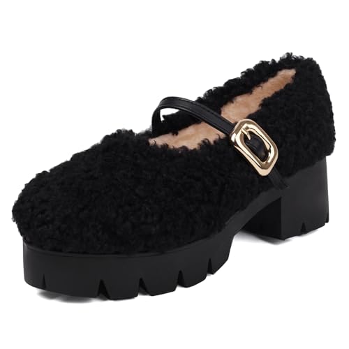 MJIASIAWA Plateau Mary Jane Damen Blockabsatz Fleece Fell Pumps Runde Zehen Winter Warm Chunky Leisure Snow Schuhe Klassischer Schwarz Gr 38 EU/39 Asiatisch von MJIASIAWA