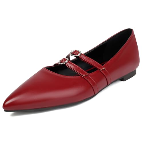 MJIASIAWA Pointed Toe Flats Damen Leisure Dolly Schuhe Komfort Arbeit Loafers Schnalle Knöchelriemchen Mary Jane Pantoffeln Rotwein Gr 34 EU von MJIASIAWA