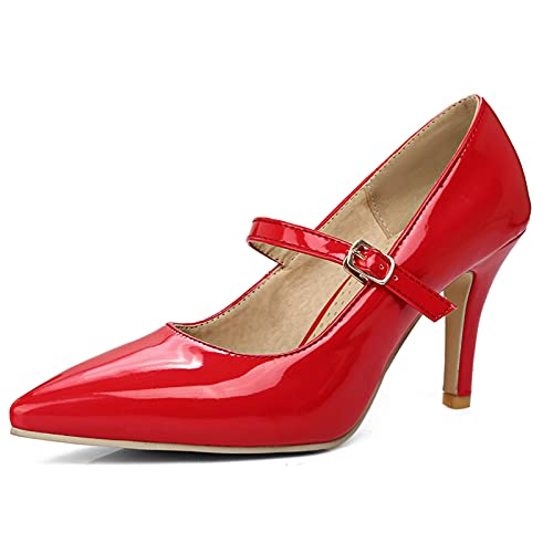 MJIASIAWA Stiletto Damen Knöchelriemchen Abend Kleid Pointed Toe Pumps Mary Jane Höhe Ferse Formal Hochzeit Pumps Rot Gr 44 EU/46 Asiatisch von MJIASIAWA