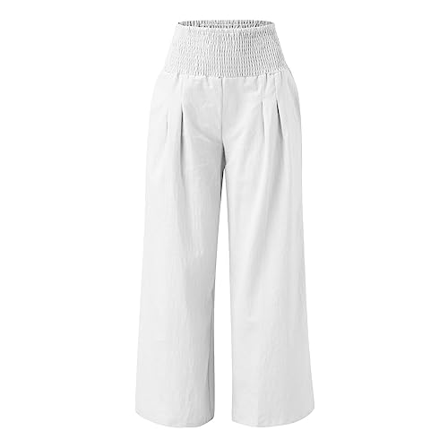 MJIQING Leinenhose Damen Sommer Bequeme Elastische Yogahose Hohe Taille Weites Bein Freizeithose Leicht und Luftig Soft Stoffhose Taschen Baumwolle Leinen Sommerhose Befristetes Angebot White07 M von MJIQING