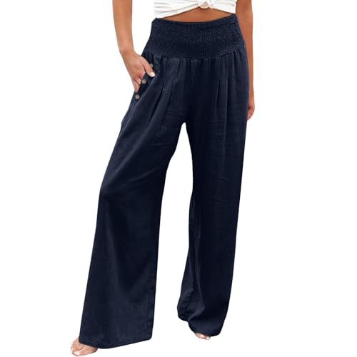 MJIQING Leinenhose Damen Sommer Bequeme Elastische Yogahose Hohe Taille Weites Bein Freizeithose Leicht und Luftig Soft Stoffhose Taschen Baumwolle Leinen Sommerhose Die Discounter Navy03 M von MJIQING