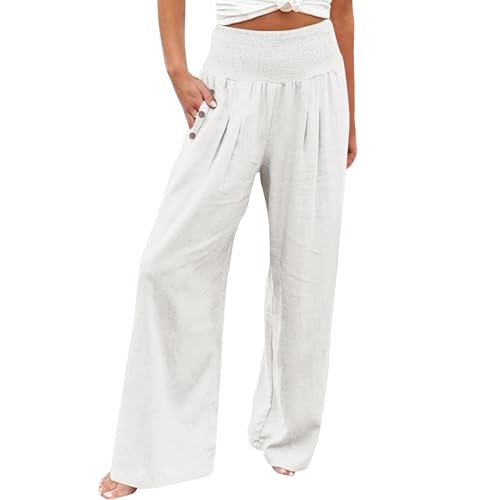 MJIQING Leinenhose Damen Sommer Bequeme Elastische Yogahose Hohe Taille Weites Bein Freizeithose Leicht und Luftig Soft Stoffhose Taschen Baumwolle Leinen Sommerhose Die Discounter White04 M von MJIQING