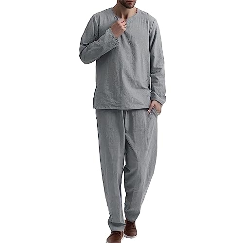 MJISG Herren Schlafanzug Herren Pyjama Set Lang Baumwolle Herren Zweiteilige Nachtwäsche Loungewear Schlafanzughose Lang Gummizug Herren Pyjama Set Baumwolle Oberteil und Unterteil (Grey, XXL) von MJISG