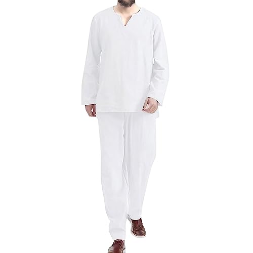 MJISG Herren Schlafanzug Herren Pyjama Set Lang Baumwolle Herren Zweiteilige Nachtwäsche Loungewear Schlafanzughose Lang Gummizug Herren Pyjama Set Baumwolle Oberteil und Unterteil (White, L) von MJISG