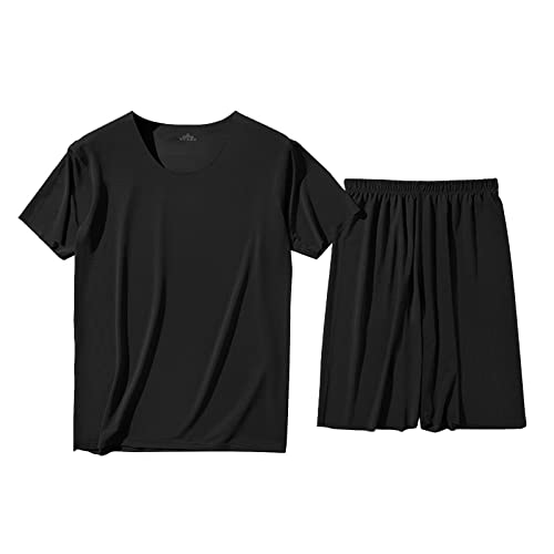 MJISG Herren Schlafanzug Kurz Pyjama Baumwolle Kurzarm Nachtwäsche Shorty Schlafanzug Nightwear Set Schlafanzug für Herren, Kurzärmlig, Solide, Lässig, Tragbar Bademäntel Für Herren (Black, XL) von MJISG