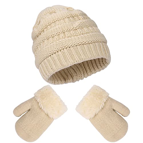 MK MATT KEELY Baby Junge Mädchen Wintermütze Handschuhe Set 1-6 Jahre Winter Weiche Fleece-Gefüttertes Strickmütze Handschuhe Set für Kinder,Beige,1-3 Jahre von MK MATT KEELY