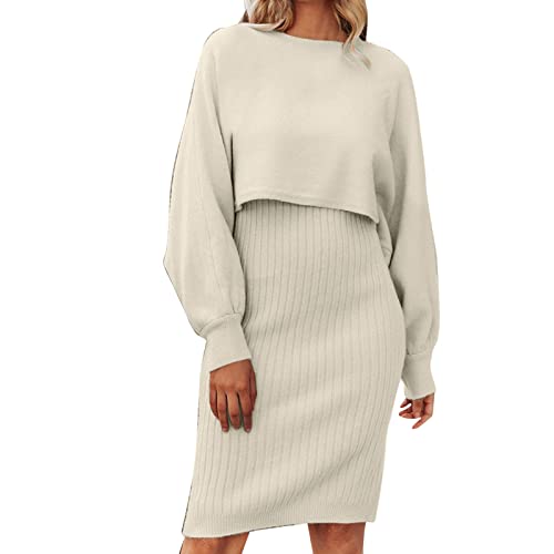 Damen Langarm Lazy Style Modisches festes Strickkleid Zweiteiliges mittellanges Wollkleid Kleider Damen Herbst Winter Elegant Strickpullover Damen Mit Minimalistischem Design (Beige, One Size) von MKIUHNJ