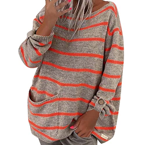 Einfarbiger Pullover mit Kontraststreifen und Rundhalsausschnitt, lockerer Pullover für Frauen Damen Strickjacke Pullover Cardigan Langarm Damen Tunika Damen Oberteile Damen Herbst (A, L) von MKIUHNJ