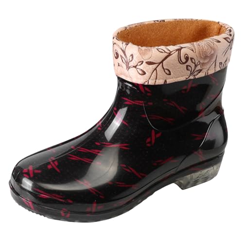 MKIUHNJ Gummistiefel Damen Kurze Regenstiefel für Damen, Kristall-Blumenmuster, Modische Gummischuhe, Baumwolle, Rutschfest, Zum Hineinschlüpfen, Kurze Wasserstiefel Wasserfeste Schuhe Stiefeletten von MKIUHNJ