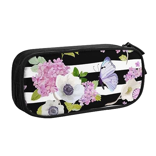 Gestreiftes Federmäppchen mit Blumen- und Schmetterlings-Motiv, für Mädchen und Jungen, großes Fassungsvermögen, doppellagiges Stifteetui & Make-up-Tasche für Studenten, Künstler, Schule, Büro, von MKNAZ