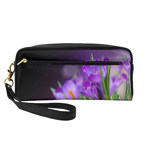 Kosmetiktasche mit Vögeln im Park an einem verschneiten Tag, Reise-Make-up-Tasche, Federmäppchen, Leder, tragbar, Kosmetiktasche, Kulturbeutel für Damen und Mädchen, Grüne Blätter und lila Blüten, von MKNAZ