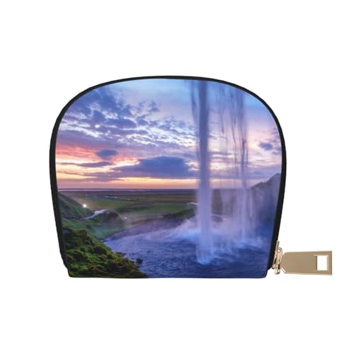 MKNAZ Spa Village of Floral Wasser Bad Salz Kerzen Bedrucktes Leder Kreditkartenetui Brieftasche für Männer Frauen | Kartenetui Organizer Tasche mit Reißverschluss, Wasserfalllandschaft, von MKNAZ