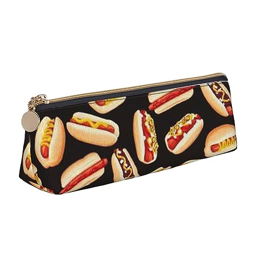 New York Manhattan Bridge Night Triangle Leder Federmäppchen für Mädchen Jungen, Stifteetui & Make-up-Tasche für Studenten, Schule, Büro, College, Lustiges Essen Hot Dogs, Einheitsgröße, Schulranzen von MKNAZ