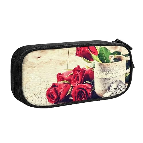 Rote Rose Blumen Federmäppchen für Mädchen Jungen, großes Fassungsvermögen, doppellagiges Stifteetui & Make-up-Tasche für Studenten, Künstler, Schule, Büro, College, Schwarz , Einheitsgröße, von MKNAZ