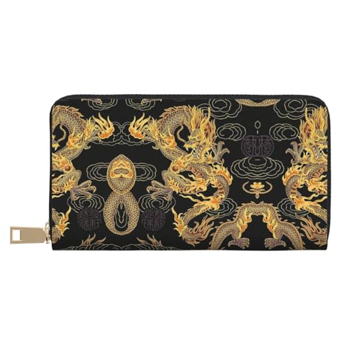 MLTRFGJ Bohemian Lotus Flower Durable Printed and Fashionable Leather Wallet with Secure Zipper Closure, Gelber Drache, schwarzer Hintergrund, Einheitsgröße von MLTRFGJ