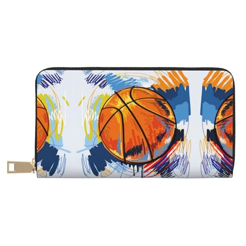 MLTRFGJ Elch Mountain Pine Tree Wilderness Durable Printed and Fashionable Leather Wallet with Secure Zipper Closure, Basketball, buntes Skizzen-Vergnügen, Einheitsgröße von MLTRFGJ