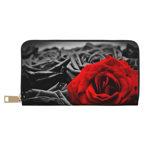 MLTRFGJ Pebble Stone Durable Printed and Fashionable Leather Wallet with Secure Zipper Closure, Schwarze, weiße und rote Rosen, Einheitsgröße von MLTRFGJ