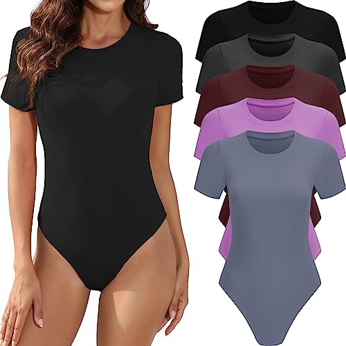 MLYENX 5er-Pack Kurzarm-Body für Damen, Rundhalsausschnitt, lässig, dehnbar, Basic-T-Shirt, Bodysuit, Tops, 5er-Pack: Schwarz, Dunkelrot, Lila, Dunkelgrau, Dunkelblau, L von MLYENX