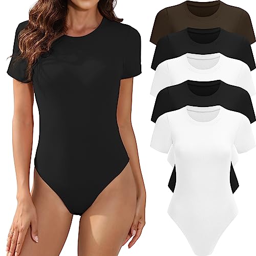 MLYENX 5er-Pack Kurzarm-Body für Damen, Rundhalsausschnitt, lässig, dehnbar, Basic-T-Shirt, Bodysuit, Tops, 5er-Pack: schwarz, schwarz, weiß, weiß, kaffeefarben, M von MLYENX