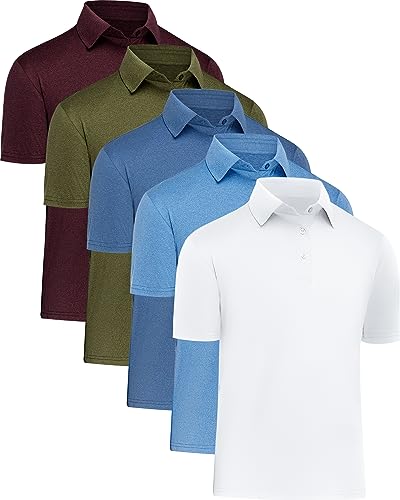 MLYENX Poloshirts für Herren, schnelltrocknend, sportlich, Golf-Polo, lässig, kurzärmelig, feuchtigkeitsableitend, 5er-Pack Weiß, Hellblau, Mittelblau, Armee, Burgunderrot, XL von MLYENX