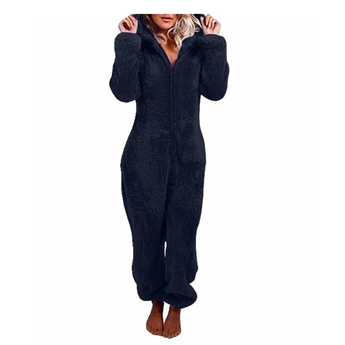 MMIHOIM Jumpsuit Damen Winter Warm Overall Teddy Fleece Einteiler Damen Große Größe Jumpsuit Teddy Fleece Einteiler Onesie Flauschig Weich Hausanzug Einfarbig Schlafoverall (Navy blau,5XL) von MMIHOIM