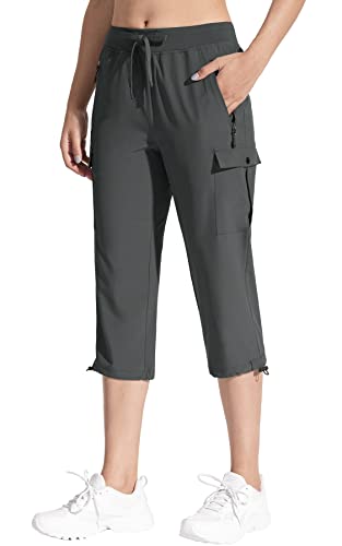 MOCOLY Damen 3/4 Leicht Wanderhose wasserdichte Sonnenschutz Kurze Trekkinghose Capri Cargohose Atmungsaktive Bequeme Caprihose Dreiviertel Outdoor Cargo Trekking Hose Sommer Grau XL von MOCOLY