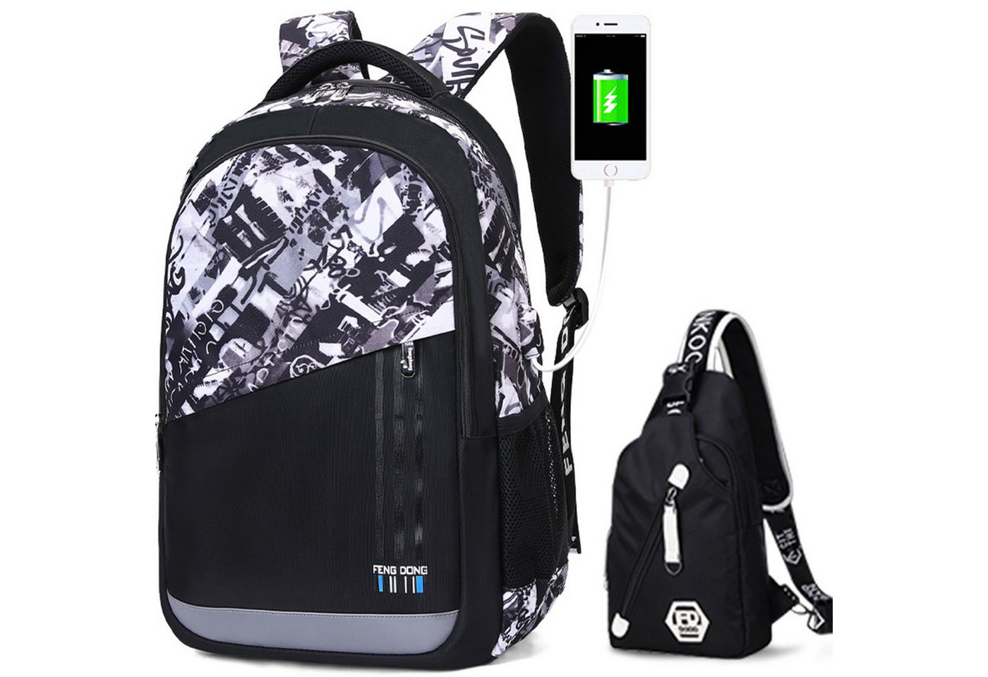 MODFU Laptoprucksack Laptop Rucksack Rucksäcke Schulrucksack Schulranzen Wasserbeständig (Laptop Notebook Grundschule Schule Uni Rucksack Tasche mit Laptopfach, 2-tlg., Sportrucksack mit Brusttasche, Ranzen, USB-Ladeanschluss, Reflektierend), Ranzen Herren Damen Jungen Teenager Mädchen Freizeit Reisen von MODFU