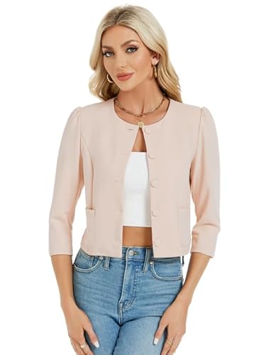 MODISFRAU Blazer Damen Kurz Bolero Jäckchen Langarm Strickjacke Elegant Cardigan mit Knöpfen und Taschen Cremefarbe L von MODISFRAU