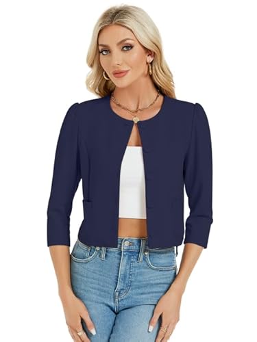 MODISFRAU Blazer Damen Kurz Bolero Jäckchen Langarm Strickjacke Elegant Cardigan mit Knöpfen und Taschen Dunkelblau L von MODISFRAU