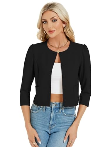 MODISFRAU Blazer Damen Kurz Bolero Jäckchen Langarm Strickjacke Elegant Cardigan mit Knöpfen und Taschen Schwarz L von MODISFRAU