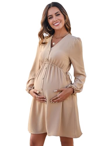 MODISFRAU Damen Umstandskleider Langarm Stillkleid elegant V-Ausschnit Schwangerschaftskleid mit Knöpfen Khaki XL von MODISFRAU