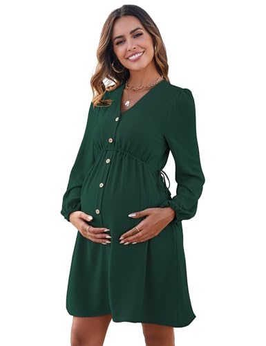 MODISFRAU Damen Umstandskleider Langarm Stillkleid elegant V-Ausschnit Schwangerschaftskleid mit Knöpfen dunkelgrün S von MODISFRAU