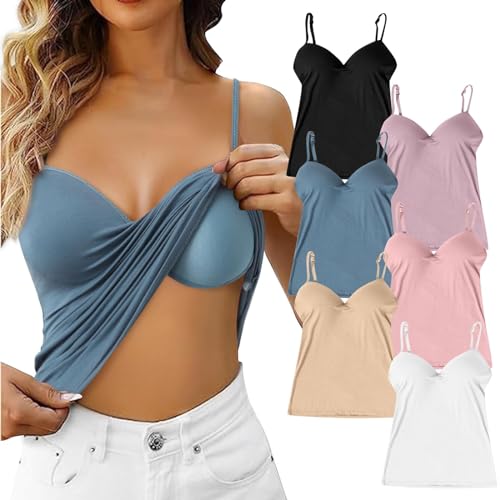 BH Damen Unterhemd Basic Racerback Tank Tops U-Ausschnitt Eingebauter BH Baumwoll Stretch Eng Top Spaghettiträger Tank Tops mit Integriertem Bh Ohne Bügel Einfarbig Bequeme Hemd Fitting Yoga Top von MODSGUE