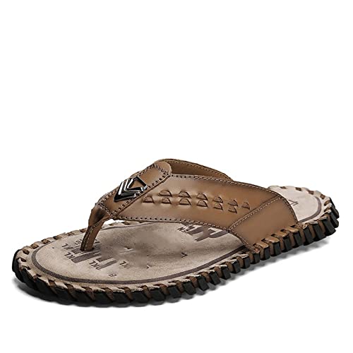 MOEIDO Sandale Men's Flip-Flops Summer Leather Sandals Slippers Feet Non-Slip Platform Flat Heel Beach Shoes Slippers (Color : Light Brown, Size : 41 EU) von MOEIDO
