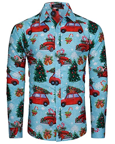 MOHEZ Herren Funky Christmas Print Weihnachtshemd Langarm Button Up Freizeithemd Rentier Santa Schnee Xmas Druck Shirt Blue Medium von MOHEZ