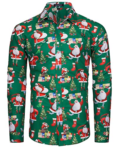 MOHEZ Herren Funky Christmas Print Weihnachtshemd Langarm Button Up Freizeithemd Rentier Santa Schnee Xmas Druck Shirt Green Large von MOHEZ