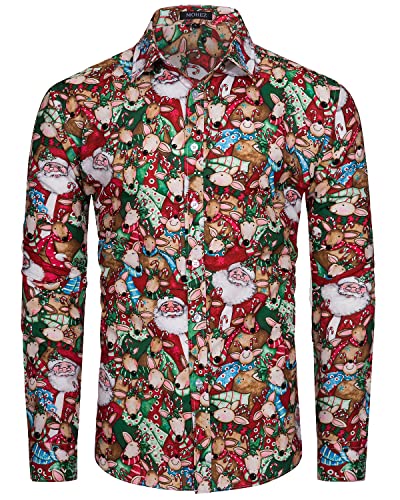 MOHEZ Herren Funky Christmas Print Weihnachtshemd Langarm Button Up Freizeithemd Rentier Santa Schnee Xmas Druck Shirt Red Large von MOHEZ