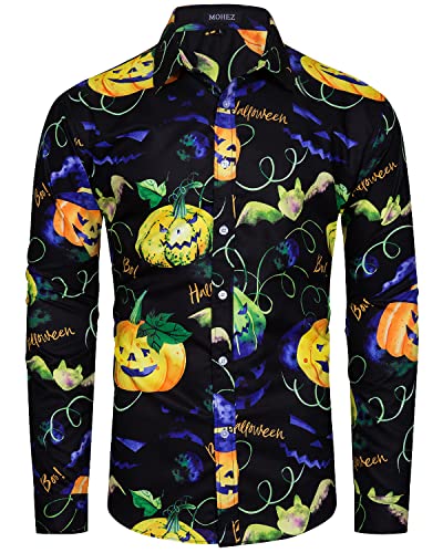 MOHEZ Herren Halloween Hemd Langarm Lustig Funky Kürbis Skull Schädel Druck Kostüm Urlaub Shirt Tops Black L von MOHEZ