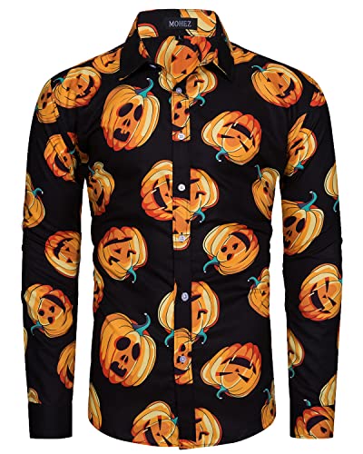 MOHEZ Herren Halloween Hemd Langarm Lustig Funky Kürbis Skull Schädel Druck Kostüm Urlaub Shirt Tops Black M von MOHEZ