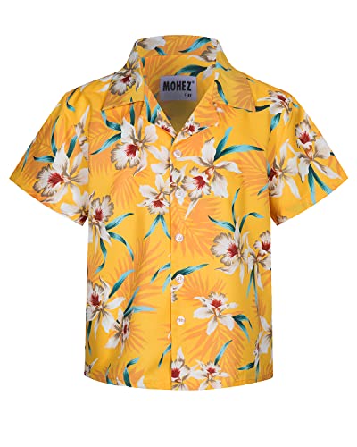 MOHEZ Jungen Kurzarm Hawaii Hemd Kinder Sommer Freizeit Funky Blumenmuster Knopfleiste Shirt für Beach Party Gelb 3-4 Jahre von MOHEZ