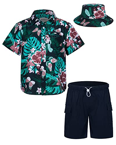 MOHEZ Kind Jungen Hawaii Hemd Short Set Kurzarm Sommer Outfits 3tlg Beach Kleidung Set, Shirt/Hose/Mütze, Schwarz 7-8 Jahre von MOHEZ