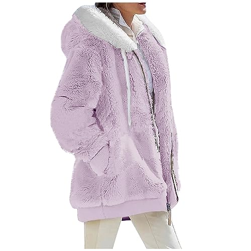 Fleecejacke Damen Langarm Winter Mantel Damen mit Kapuze Plüsch Warm Fashion Damen-Jacken mit Reißverschluss Outdoor Kuscheljacke Damen Flauschig Furry Fashion Women Coat helles lila S von MOKBAY