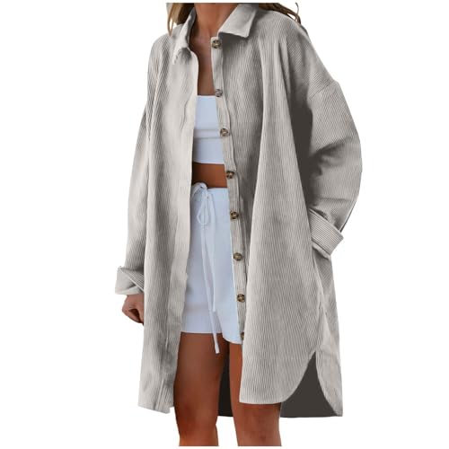 MOKBAY Cordjacke Damen Große Größen Cord Hemd Damen Lang Vintage Blouson Jacke Damen Langarm Freizeit Herbst Mantel mit Knöpfen Einfarbig Oversized Aesthetic Clothes Grau M von MOKBAY