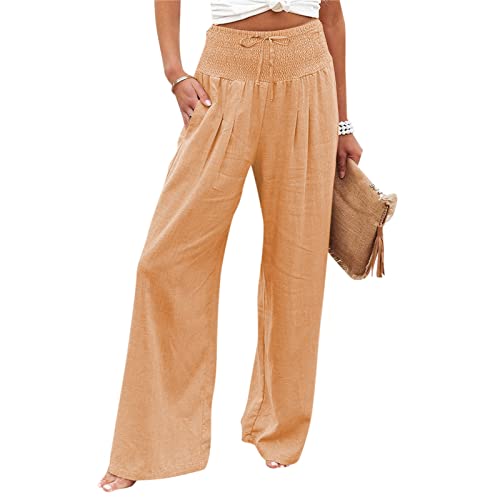 MOKBAY Damen Hosen Sommer Leicht Leinenhose High Waist Leichte Sommerhose Weite Elegant Strandhose Palazzo Culottes Arbeitshose Freizeithose Kleidung Outfits Vermilin M von MOKBAY